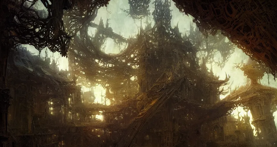 Prompt: looking up at a city of tree - houses at caras galadhon, intricate, elegant, highly detailed, john park, frazetta, john howe, ruan jia, jeffrey catherine jones