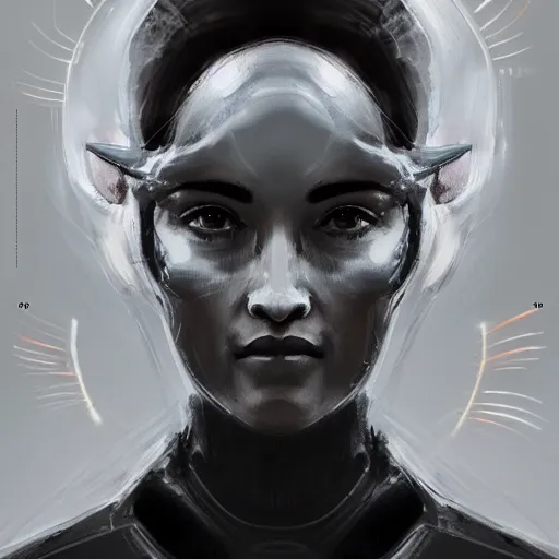 Prompt: concept art of scifi scientist by jama jurabaev, brush stroke, trending on artstation, upper half portrait, symmetry, headpiecehigh quality, extremely detailed