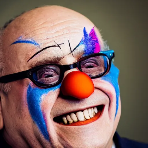 Image similar to a portrait of a abstract danny devito who has face - painting like a clown smiling creepily. depth of field. lens flare