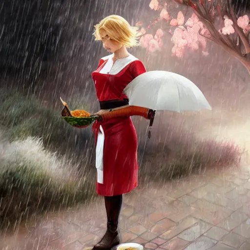 Prompt: elf woman standing in rain, short blonde hair, red and white chef's apron, sharp focus, intricate, smooth, ultra realistic digital art, elegant, by artgerm, greg rutkowski, raymond swanland, alphonse mucha