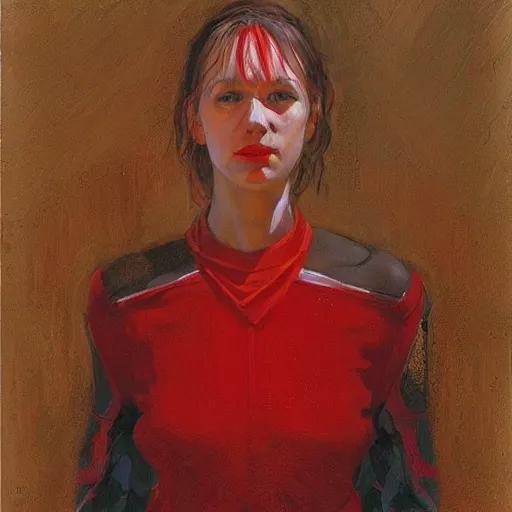 Prompt: frontal portrait of a priestess, wearing white and red, by donato giancola.