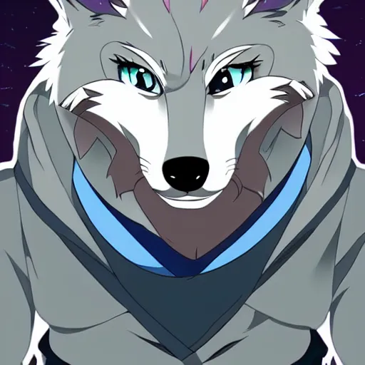 Image similar to key anime visual portrait of a handsome male anthro wolf furry fursona with beautiful eyes, wearing a hoodie, official modern animation