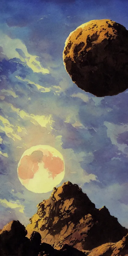 Prompt: giant moon over backlit rock, dramatic sky, panorama by frazetta