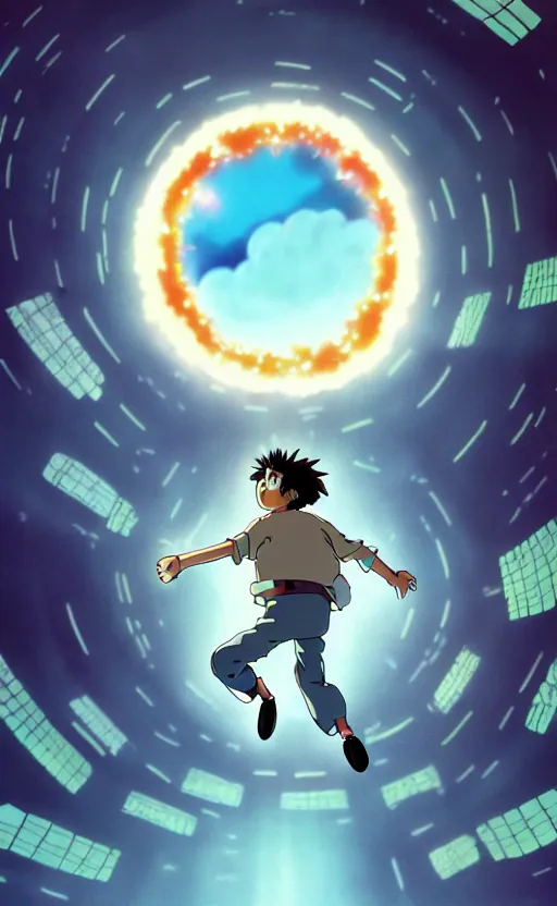 Prompt: a cell - shaded studio ghibli cartoon concept art study of a scientist jumping through a dimensional time portal from independence day ( 1 9 9 6 ) opening up on cloudy day at golden hour. 1 9 7 0's science fiction. very dull colors, hd, 4 k, hq