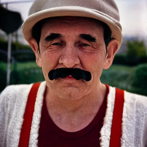 Image similar to Super Mario, 35mm, age, candid portrait photo by annie leibovitz