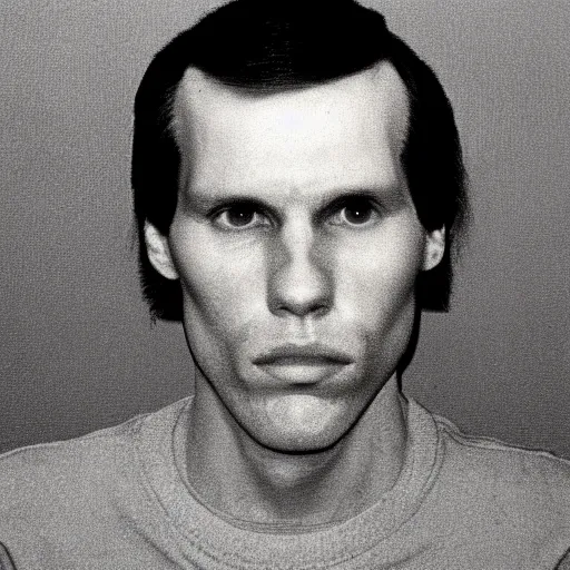 Image similar to A mugshot portrait of a man who looks like Jerma985 with short length wavy hair and a slightly receded hairline and bangs, wearing mid 1980s menswear in the late 1980s, taken in the late 1980s, grainy, realistic, hyperrealistic, very realistic, highly detailed, very detailed, extremely detailed, detailed, trending on artstation, front facing, front view, headshot and bodyshot, detailed face, very detailed face