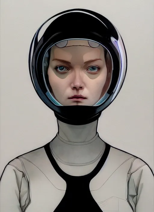 Image similar to artwork by james jean and Phil noto; a close up on the face of a beautiful woman in a future space suit; wearing futuristic astronaut helmet; highly detailed; pretty eyes; circular black pupils; artwork by james jean and Phil noto