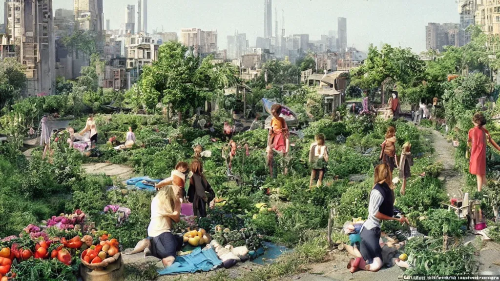 Prompt: A futuristic city: old roads are transformed into gardens growing fruits and vegetables, a family composed of two young women and a child has a picnic, from the famous Eric Rohmer movie