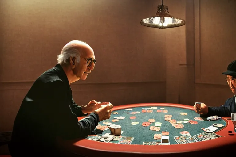 Prompt: larry david playing poker, soft bloom lighting, paper texture, bright sun bleached ground, vending machine, robot lurks in the background, koji morimoto, katsuya terada, genius party, dynamic scene