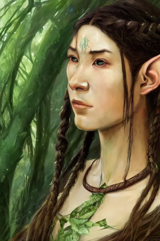 Prompt: a highly detailed portrait painting of a beautiful healer elf, female, long brown hair with braids and green highlights, long elf ears, asian decent, facial tribal markings, green and brown robe with leave ’ s, by greg rutkowski and alphonse mucha, sharp focus, matte, concept art, artstation, digital painting