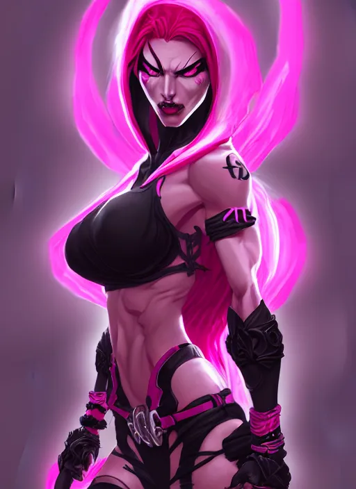 Image similar to lilith from darksiders, wide angle view, neon pink and black color scheme, highly detailed, artgerm, cushart krenz, king of fighters style, trending on artstation, soft light, sharp focus, illustration, character design, concept art