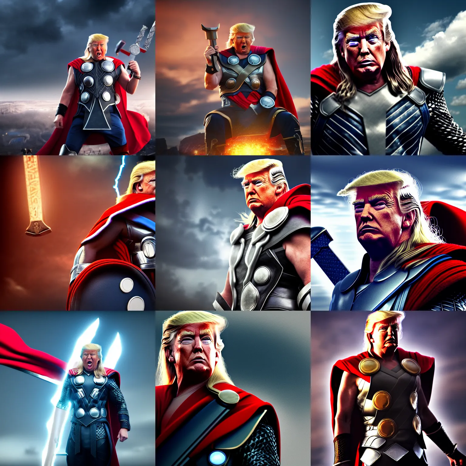 Prompt: donald trump as thor, ready for battle, digital art, octane render