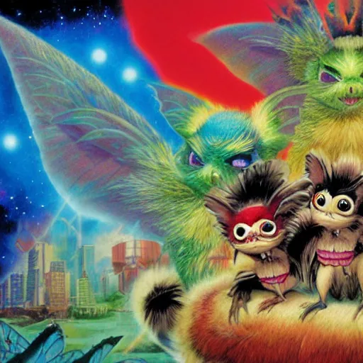 Image similar to gremlins vs mothra art by Noriyoshi Ohrai and Lisa Frank