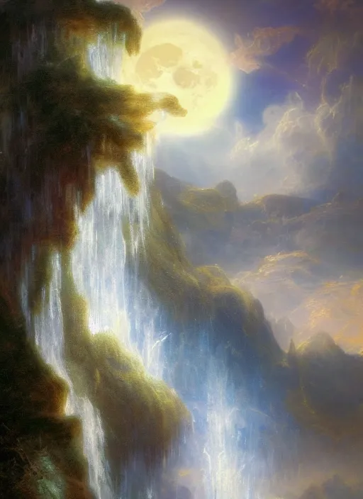 Prompt: the angel of light, feathered wings, clouds, joy, a beautiful matte painting trending on artstation, single waterfall, moon by thomas moran and james gurney and thomas kincade, hyperdetailed