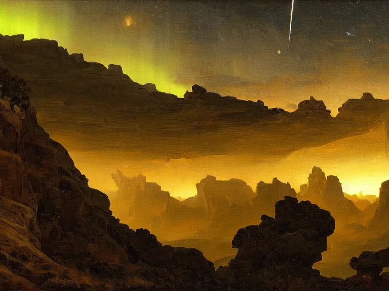 Image similar to an oil painting of a canyon on an alien planet with a distant outpost at dusk with aurora lighting up the sky and a small shooting star by carl spitzweg and tuomas korpi. baroque elements, full-length view. baroque element. intricate artwork by caravaggio. Trending on artstation. 8k