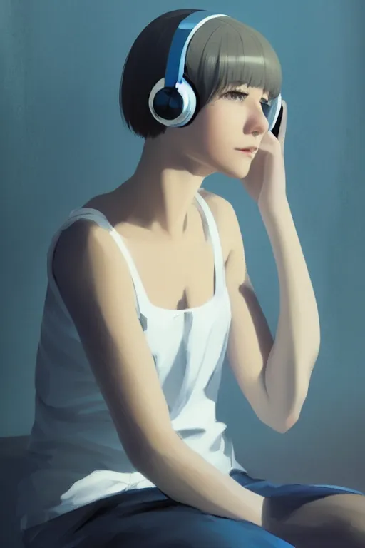 Image similar to a cute young woman sitting on a couch while listening to music with her eyes closed and wearing headphones by Ilya Kuvshinov and Range Murata, white bob cut hair, blue filter, blue and white, soft lighting, atmospheric, cinematic atmosphere, moody, Krenz Cushart, digital painting, 8k