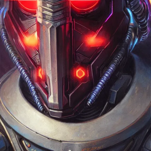 Image similar to the doomslayer as a realistic scifi cyberpunk knight, closeup portrait art by donato giancola and greg rutkowski, vintage retro scifi, realistic face, digital art, trending on artstation, glowing energy shield, symmetry!!!