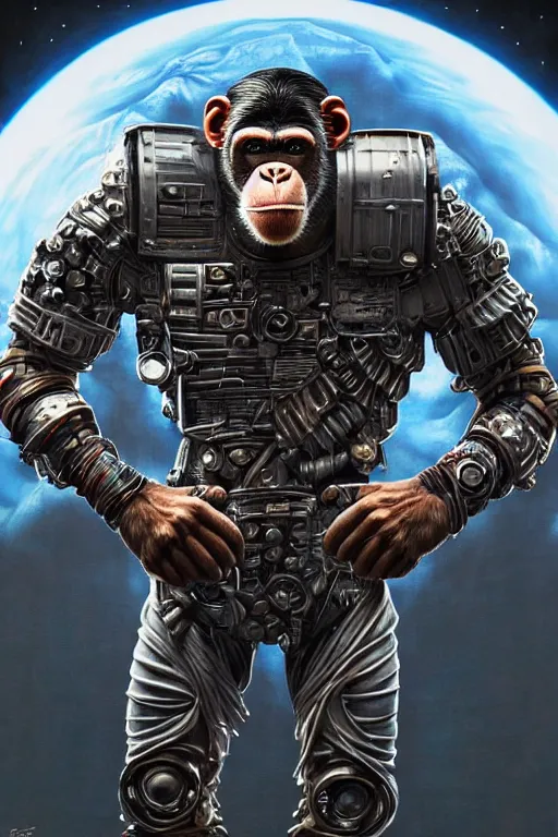 Image similar to a portrait of a muscular anthropomorphic cyberpunk chimp in spacesuit armor with ensignia on chest plate by sandra chevrier, by jon foster, detailed render, post - processing, extremely hyperdetailed, intricate, epic composition, cybernetics, 4 k realistic, cryengine, realistic shaded lighting, sharp focus, masterpiece, by enki bilal
