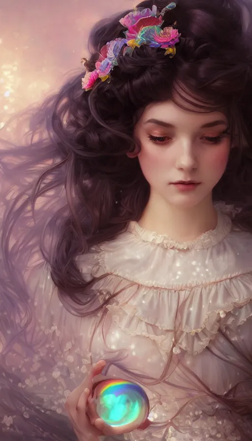 Prompt: portrait of magical lolita girl, dreamy and ethereal, dark ocean eyes, peaceful expression, ornate frilly dress, fantasy, intricate, elegant, rainbow bubbles, highly detailed, digital painting, artstation, concept art, smooth, sharp focus, illustration, art by artgerm and greg rutkowski and alphonse mucha