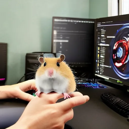 Prompt: the hamster with headphones is sitting at the computer on rgb gaming chair and playing computer