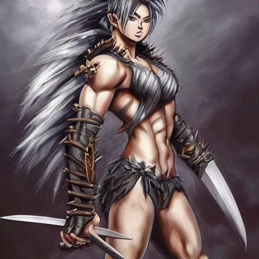 Image similar to realistic art style, warrior girl, muscular girl, wild spiky black saiyan hair, long spiky hair, electrified hair, holding scimitar made of bone, scimitar, sword, jagged sword, curved sword, orkish sword, colorized, gray skin, hyper - detailed, primeval fantasy, prehistoric fantasy, art by jacques - louis david