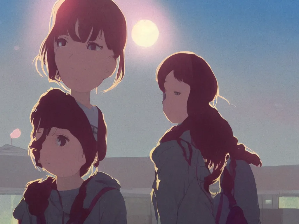 Prompt: close up portrait of a lone girl waiting for the train, 70s, defined facial features, stanley kubrick the shinning, vibrant colors americana, cinematic, volumetric lighting, god rays, sunset, realistic, photorealism, highly detailed, digital art, illustration, screenshot from the anime by studio ghibli