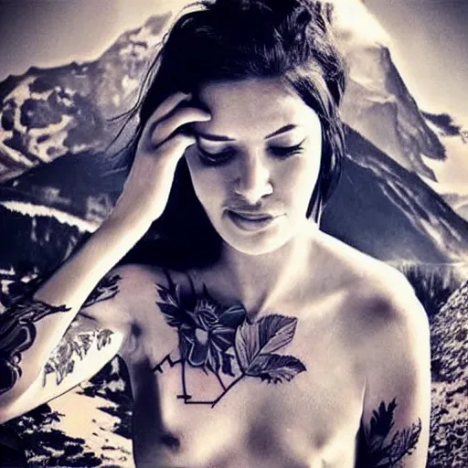 Prompt: realistic tattoo idea of a beautiful woman face double exposure with a mountain scenery