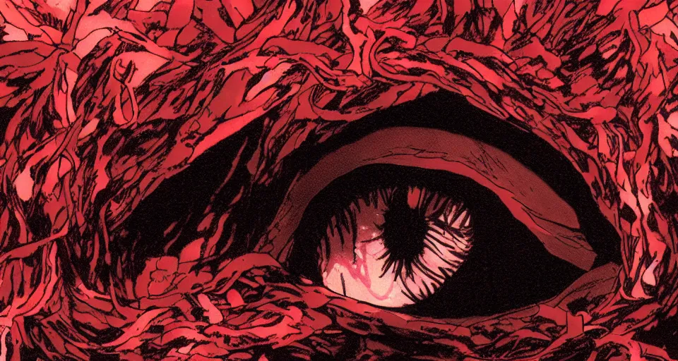 Image similar to a volcano made of ivory vines and crimson rocks enters in eruption, it spits a smoke in the shape of demonic eye, by Hajime Isayama