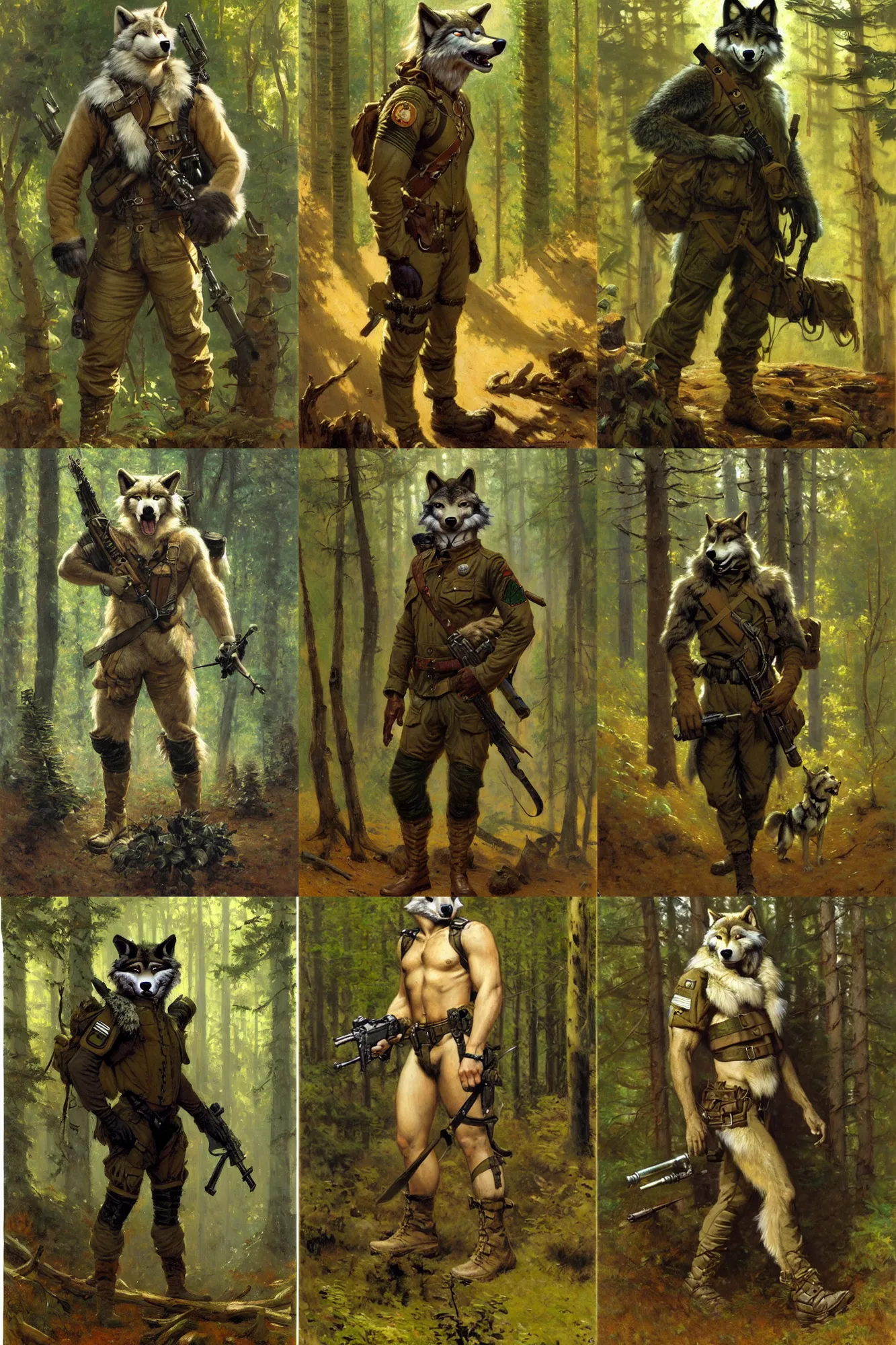 Prompt: anthropomorphic furry wolf soldier wearing modern military gear in a forest, character design, painting by gaston bussiere, craig mullins, j. c. leyendecker, tom of finland