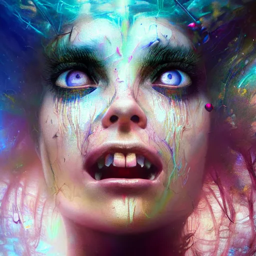 Prompt: Gorgeous woman screaming in a fantastical wonderland, highly detailed, half glitched and fractal face, cinematic, 8k, by Stanley Artgermm, Tom Bagshaw, Greg Rutkowski, Carne Griffiths, Ayami Kojima, Beksinski, Giger, trending on DeviantArt, hyper detailed, full of color, digital art,