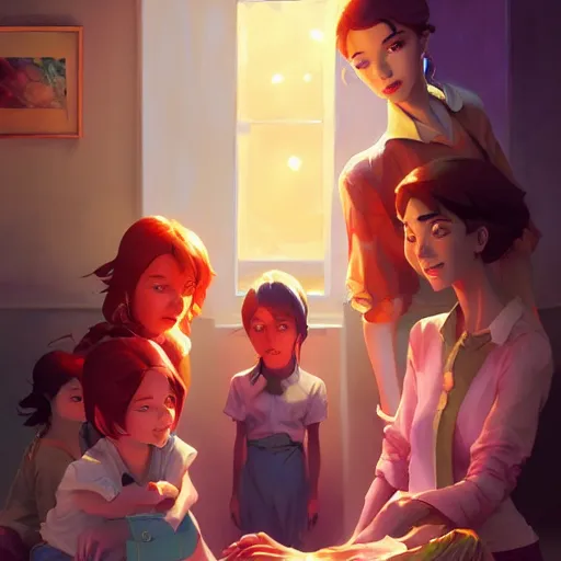 Image similar to a mother with her five daughters, beautiful faces, behance hd by jesper ejsing, by rhads, makoto shinkai and lois van baarle, ilya kuvshinov, rossdraws global illumination