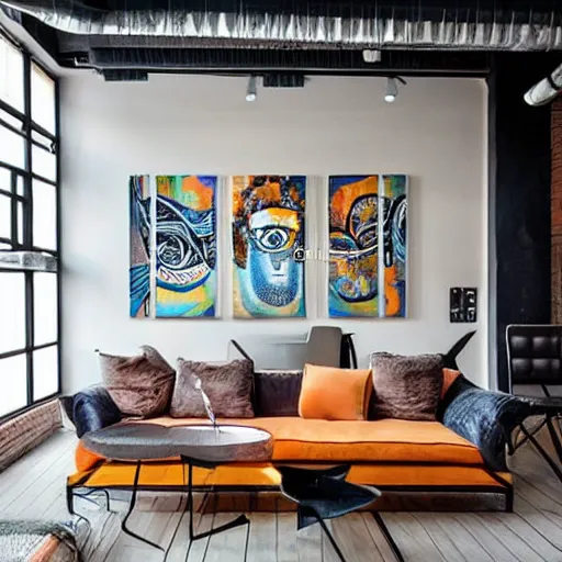 Prompt: trendy downtown loft with modern murals on the wall, modern wall art and patterns, professional photographed interior design, beautiful architecture