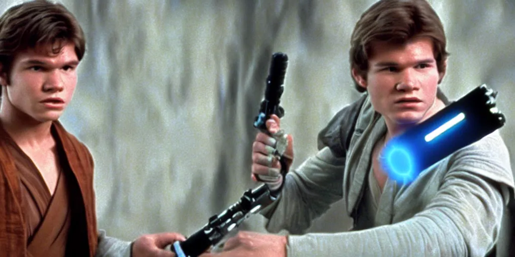 Prompt: A full color still from a film of a teenage Han Solo as a Jedi padawan holding a lightsaber hilt, inside a sci-fi building, from The Phantom Menace, directed by Steven Spielberg, 35mm 1990