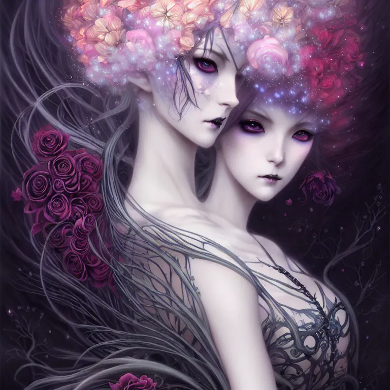 Image similar to stunning anime goddess hybrid of the floral river flowers, beautiful gothic dress in a dark romance, misty, by cgsociety, in the style of charlie bowater, tom bagshaw, intricate, beautiful, artstation 8 k, high resolutionsparkling atom fractals of jewls cords, by alex grey and hr giger