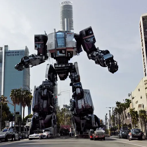 Prompt: a giant robot fron the future is destroying Los Angeles