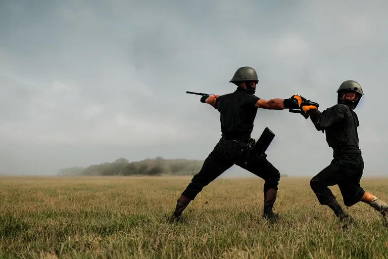 Image similar to Combat Extended, Canon EOS R3, f/1.4, ISO 200, 1/160s, 8K, RAW, unedited, symmetrical balance, in-frame, combat photography, colorful