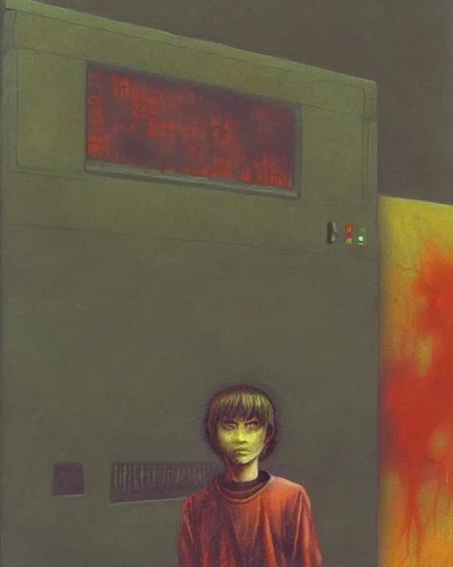 Image similar to early color photo of an boy standing in front of a computer from 90s with a game doom2 at the monitor screen, Beksinski impasto painting, part by Adrian Ghenie and Gerhard Richter. art by Takato Yamamoto, masterpiece