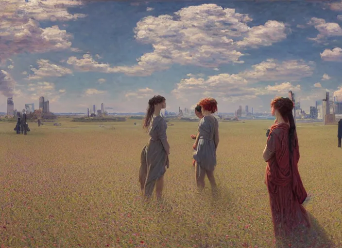 Image similar to people exterior futuristic field, figures, in the style of jeremy enecio, intricate, miles johnston, monet, cynical realism, john william godward, painterly, yoshitaka amano, miles johnston, louise zhang, matt murphy, enes dirig, pekka halonen, finnish naturalism, realism