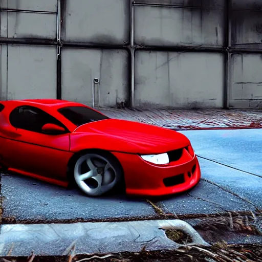 Prompt: beautiful red car in empty abandoned parking car, raytracing, beautiful, unreal engine, photorealistic, hyper detailed