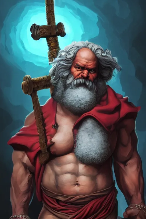 Image similar to character portrait of buff barbarian karl marx with a tattoo of a third eye on the forehead, dungeons and dragons cover artwork, dynamic composition, dramatic lighting, trending on artstation, award winning art, stylized painting by leonardo da vinci, wayne barlowe, richard corben, concept art, 4 k, 8 k, gold and teal color scheme