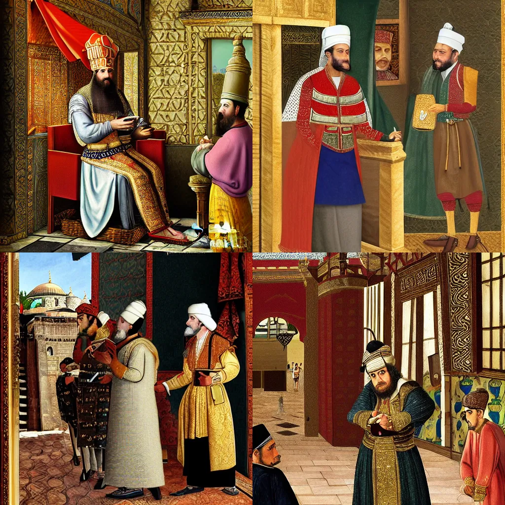 Prompt: kanuni Sultan suleyman waiting his starbucks order in 1500s istanbul, detailed photorealistic digital art, baroque