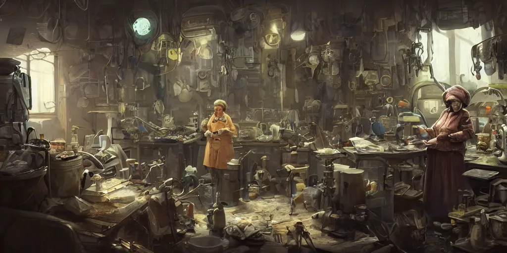 Image similar to an environmental concept art of an elderly russian woman cyberneticist in a cluttered workshop, surgical implements, surgery table, highly detailed, cinematic, dramatic, cyberpunk, dieselpunk, scifi space station, horror