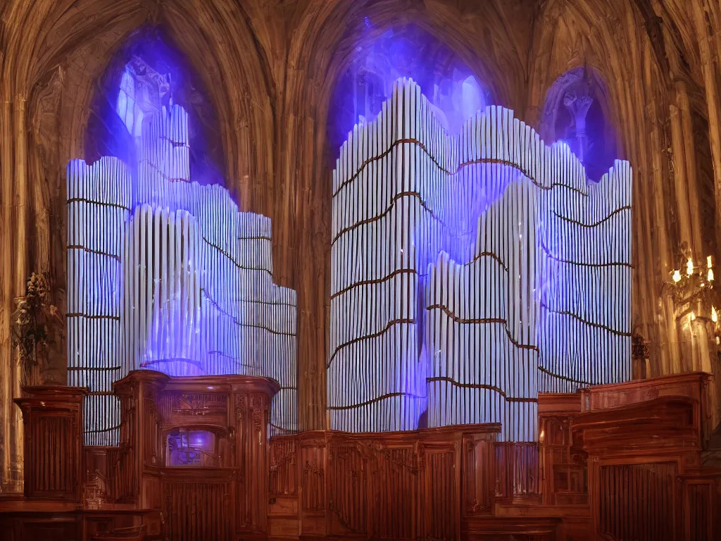 Prompt: hyper realistic photo of a luxury pipe organ volumetric lights