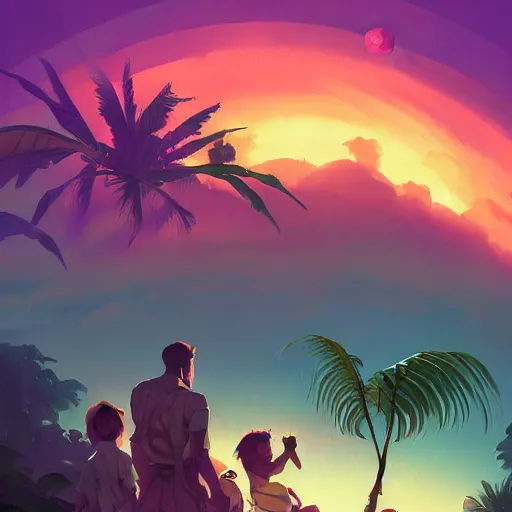 Image similar to tropical jungle, 2 moons in the sky above, purple tinged sky, behance hd artstation by jesper ejsing by rhads, makoto shinkai and lois van baarle, ilya kuvshinov, ossdraws