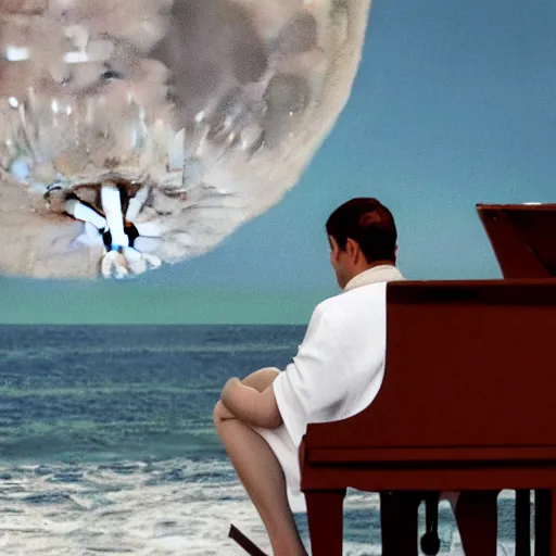 Image similar to back view of a sitting man wearing white robe playing piano in front of a giant moon rising from ocean