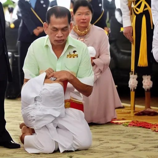 Prompt: Vajiralongkorn wearing a diaper during holy ceremony