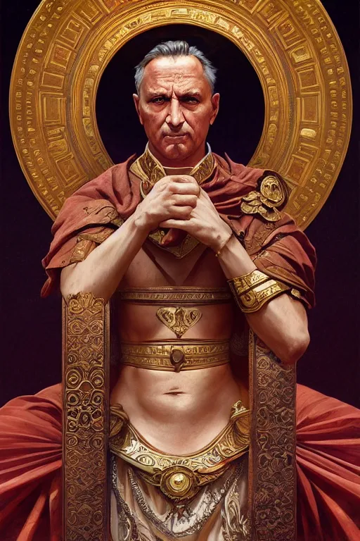 Image similar to ancient rome emperor, realistic portrait full body, symmetrical, highly detailed, digital painting, artstation, concept art, smooth, sharp focus, illustration, cinematic lighting, art by artgerm and greg rutkowski and alphonse mucha