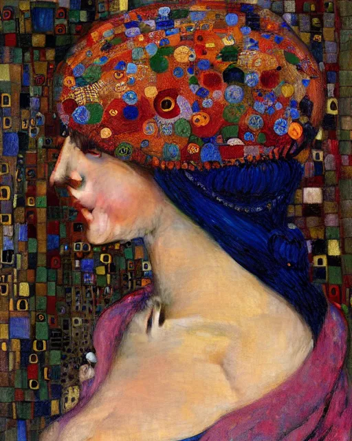 Image similar to a close up of beautiful wearing a balaclava surrounded by colourful intricate patterns, by gustave klimt edgar maxence and caravaggio and michael whelan, intricate painting, hyper realistic, extremely detailed and beautiful aesthetic face, 8 k resolution