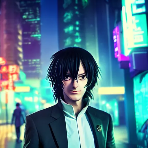 Prompt: Lelouch Lamperouge in a neon cyberpunk city, octane render 8k, atmospheric render, myserious man, professional portrait