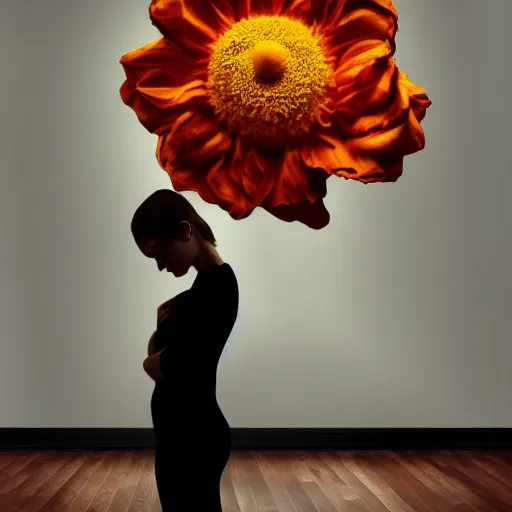 Image similar to giant flower head, woman in a luxury apartment, surreal photography, dramatic light, impressionist painting, digital painting, artstation, van gogh